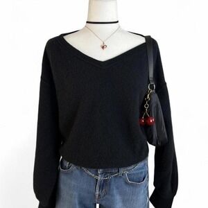 Free People black cashmere sweater L soft fuzzy knit v neck  cozy luxe aesthetic